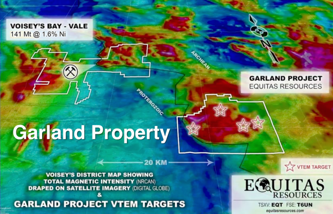 Following up on the VTEM survey, EQT’s initial ground exploration program at Garland includes mapping and prospecting, a large-loop EM survey, and up to 4,000 metres of diamond drilling.